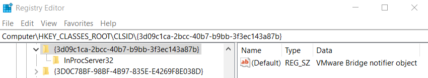 Registry key of the VMware Bridge class