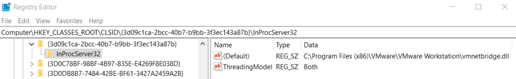 Registry subkey with vmnetbridge.dll location and settings